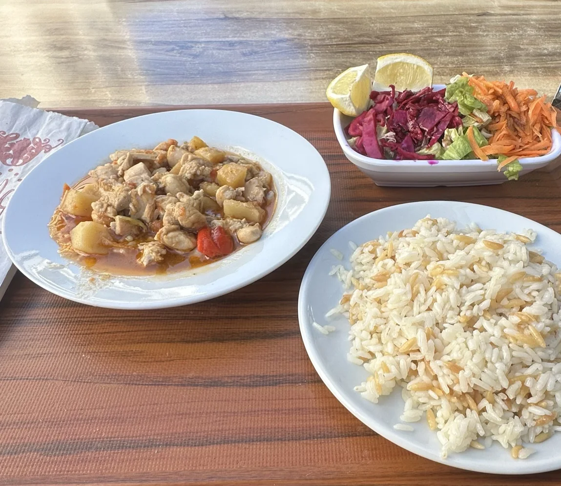 A stew, salad and rice
